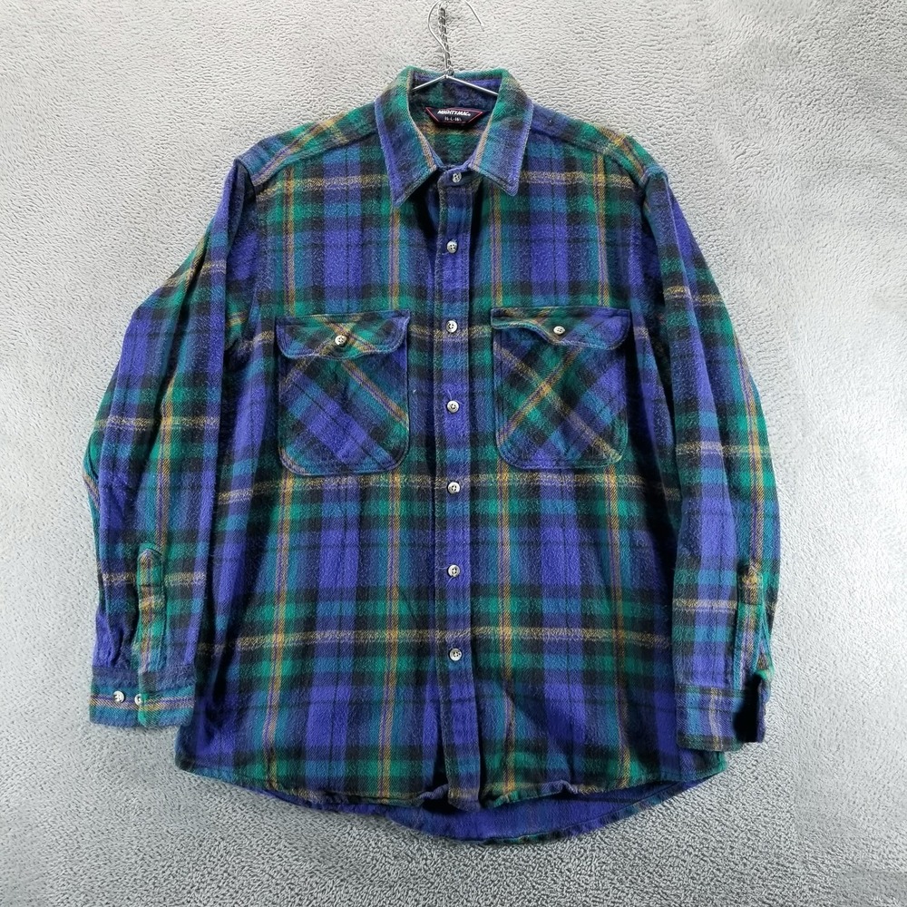 VTG Mighty Mac Shirt‎ Mens L Blue Green Plaid Flannel Board Shirt Grunge